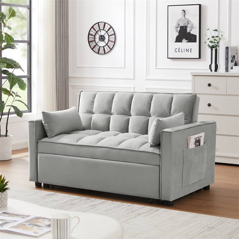 现代天鹅绒双人沙发床，配有可拉出的床、可躺靠背沙发  Modern Velvet Loveseat Futon w/Pullout Bed, Reclining Backrest Sofa Couch