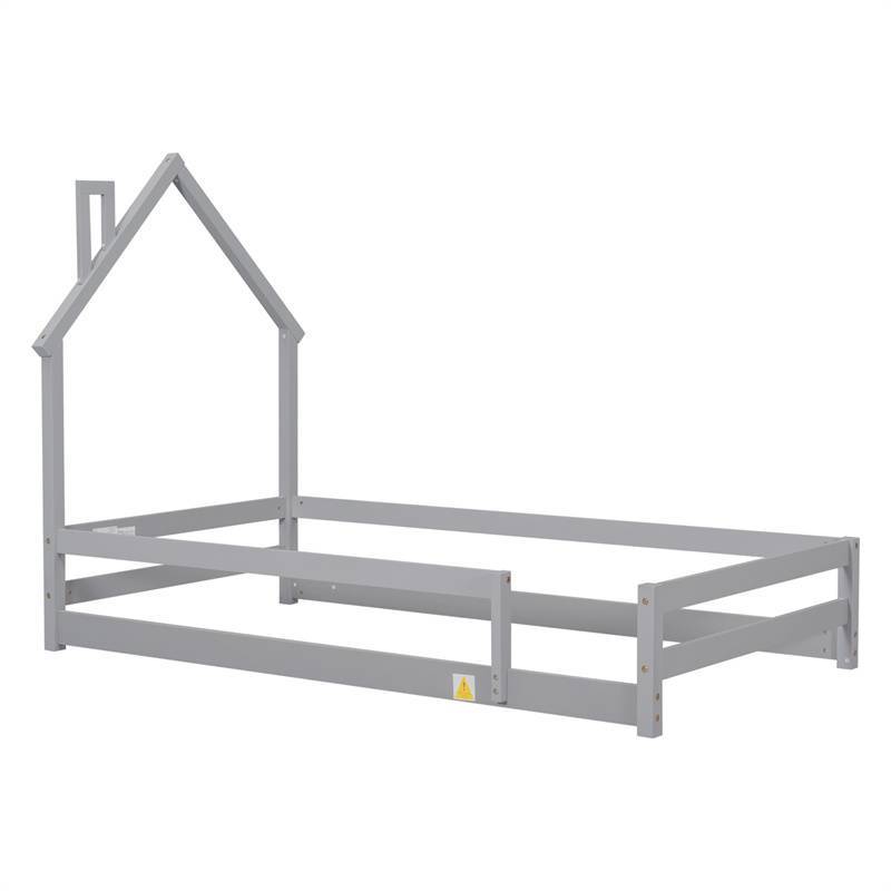 双人实木床，带房子形状床头板，地板床，带围栏，灰色   Twin Size Wood bed with House-shaped Headboard Floor bed with Fences,Grey