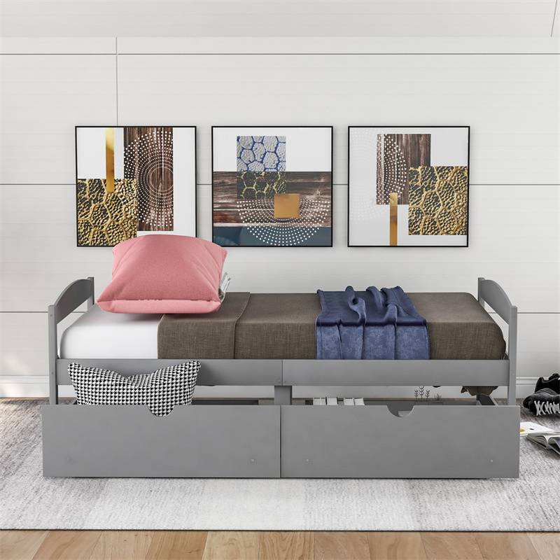 双人平台床,带两个抽屉,灰色  Twin size platform bed, with two drawers, gray