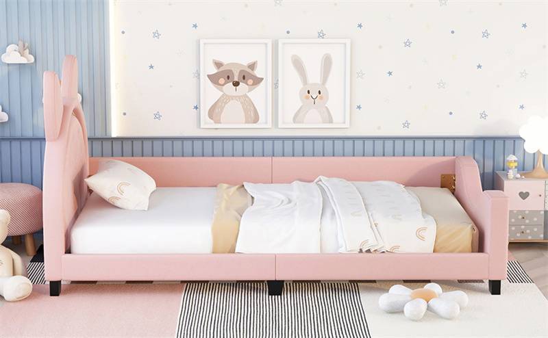 带纸箱耳型床头板的双尺寸软垫日间床,粉红色 Twin Size Upholstered Daybed with Carton Ears Shaped Headboard, Pink