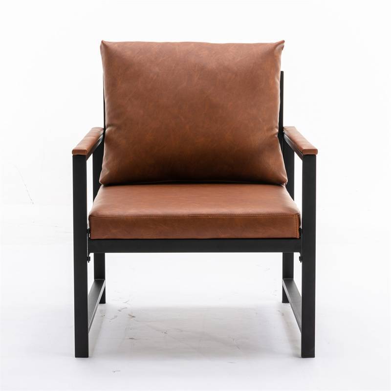 现代人造皮革装饰椅,黑色粉末涂层金属框架,单人沙发 A&A Modern Faux Leather Accent Chair, Black Metal Frame, Single Sofa