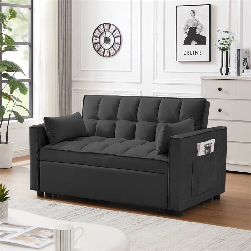 现代天鹅绒双人沙发，带可拉出式床和可倾斜靠背Modern Velvet Loveseat Sofa Couch w/Pullout Bed & Reclining Backrest
