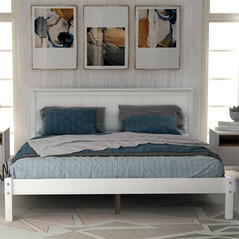 平台床架，全尺寸，带床头板，木质板条支撑，白色Platform Bed Frame Full with Headboard, Wood Slat Support, White