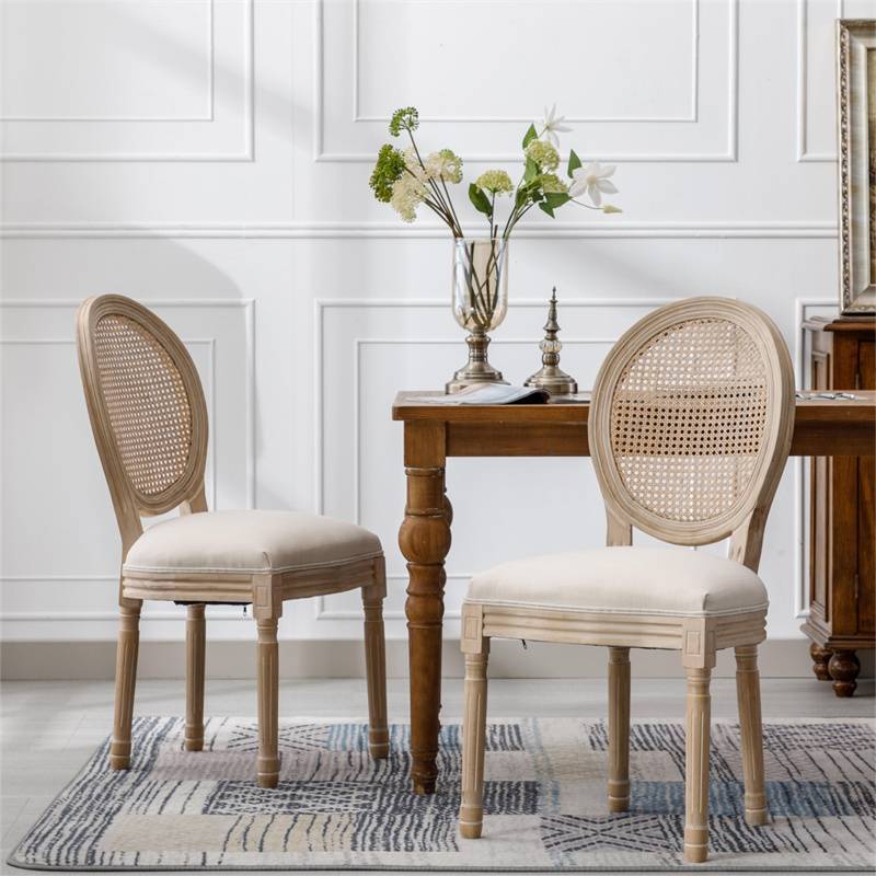 法式实木框架仿古亚麻面料藤条靠背餐椅，2 件套，奶油色  French Style Solid Wood Antique Linen & Rattan Dining Chair, Set of 2, Cream