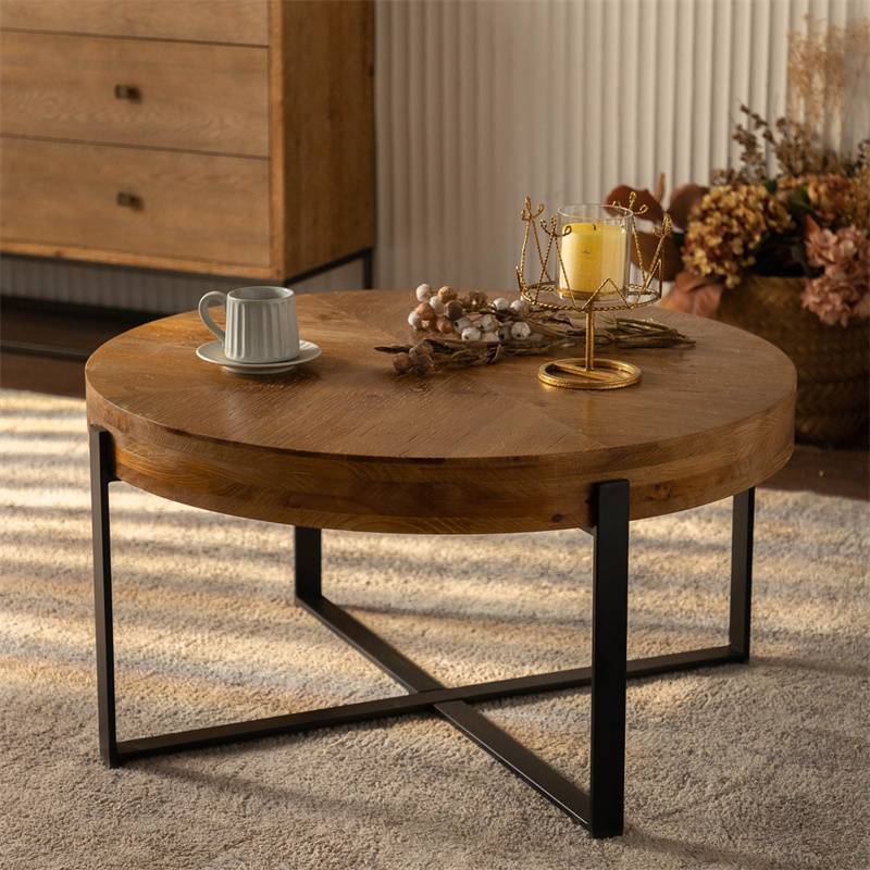 现代复古拼接圆形咖啡桌，杉木桌面，黑色交叉腿底座 Modern Retro Splicing Round Coffee Table, Fir Wood Top, Black Cross Legs Base 