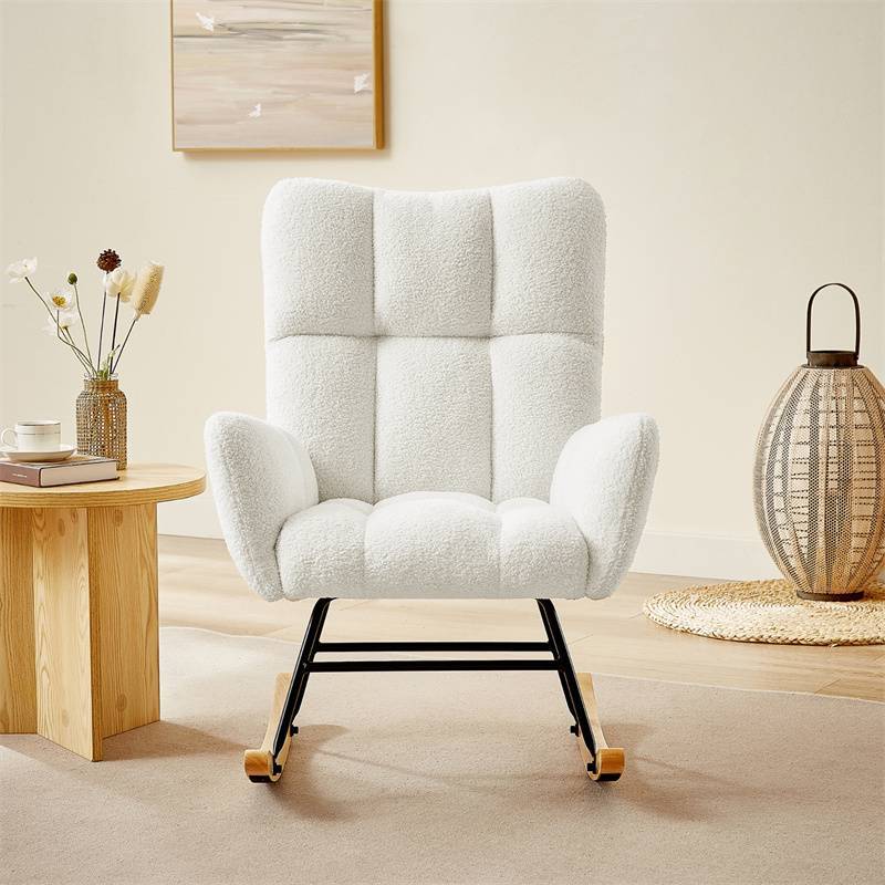 米白色泰迪布艺摇椅 off white teddy fabric rocking chair
