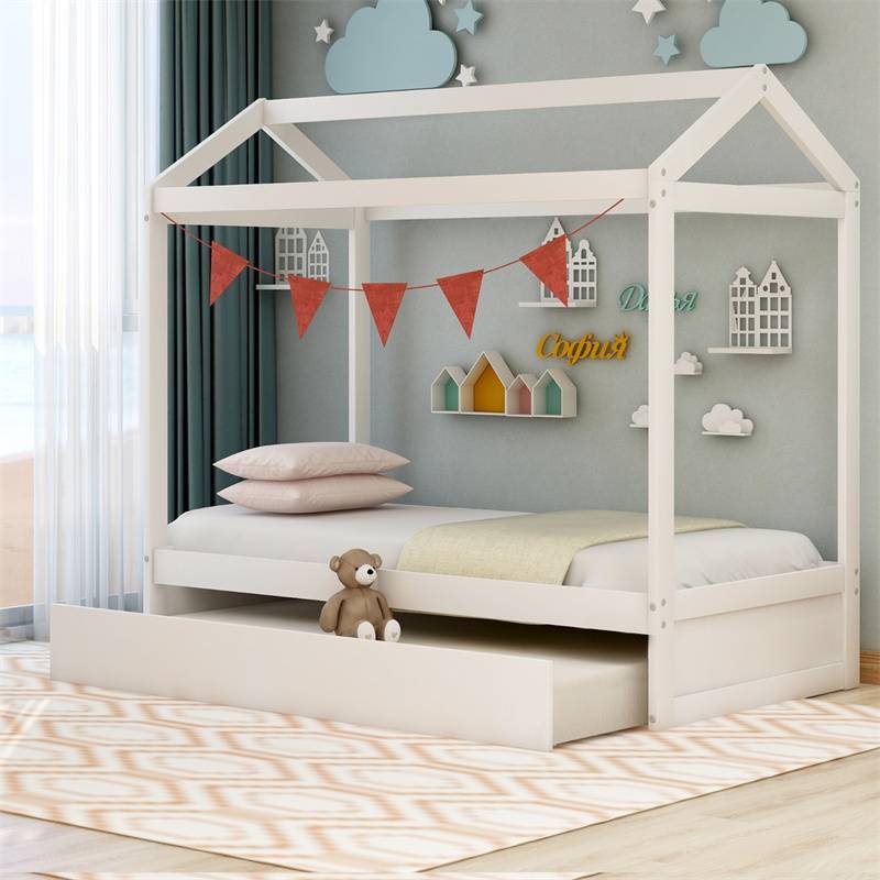 带有滚轮的家庭床,可装饰,白色(旧的SKU:SM000103AAK)  House Bed with Trundle, can be Decorated,White(Old SKU:SM000103AAK)