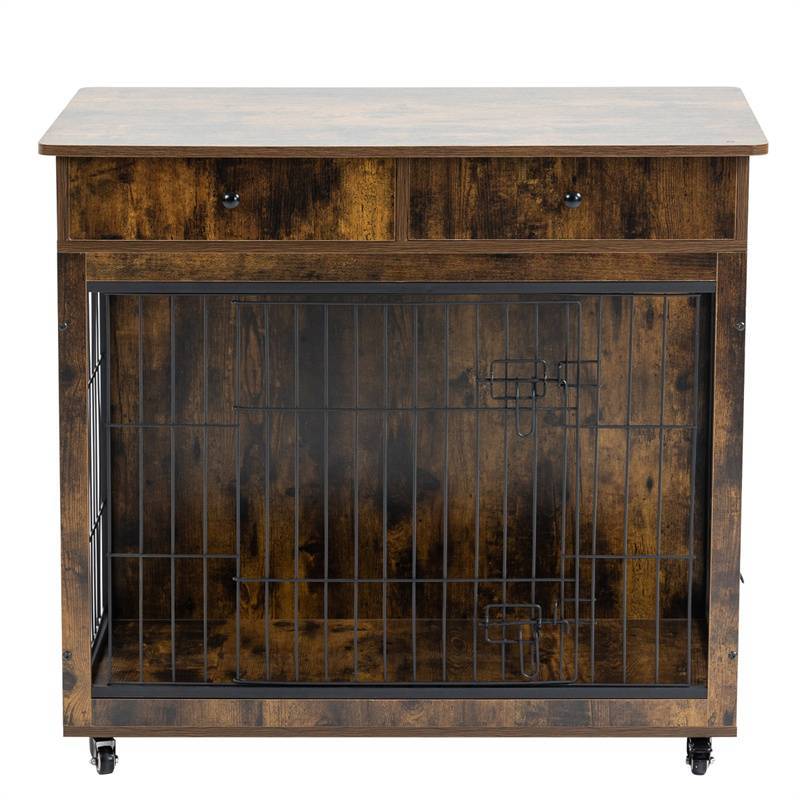 木制狗笼边桌 38.4 英寸狗窝带 2 个抽屉储物 Wooden Dog Crate End Table 38.4" Kennel with 2 Drawers Storage