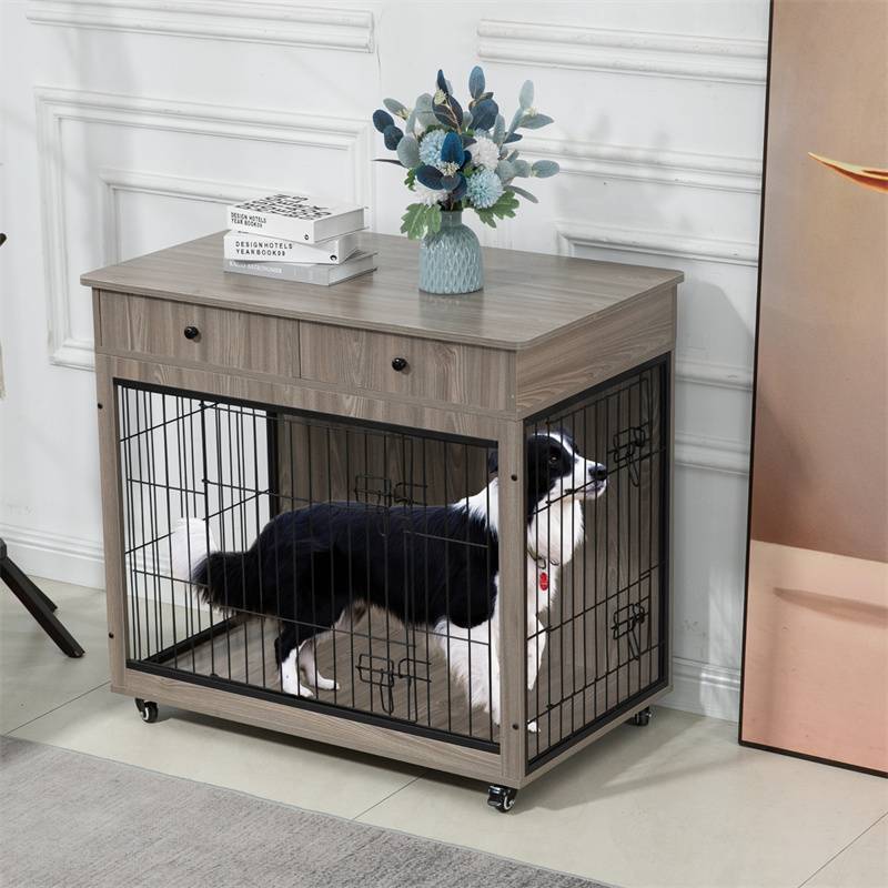 木制狗笼边桌 38.4 英寸狗窝带 2 个抽屉储物  Wooden Dog Crate End Table 38.4" Kennel with 2 Drawers Storage