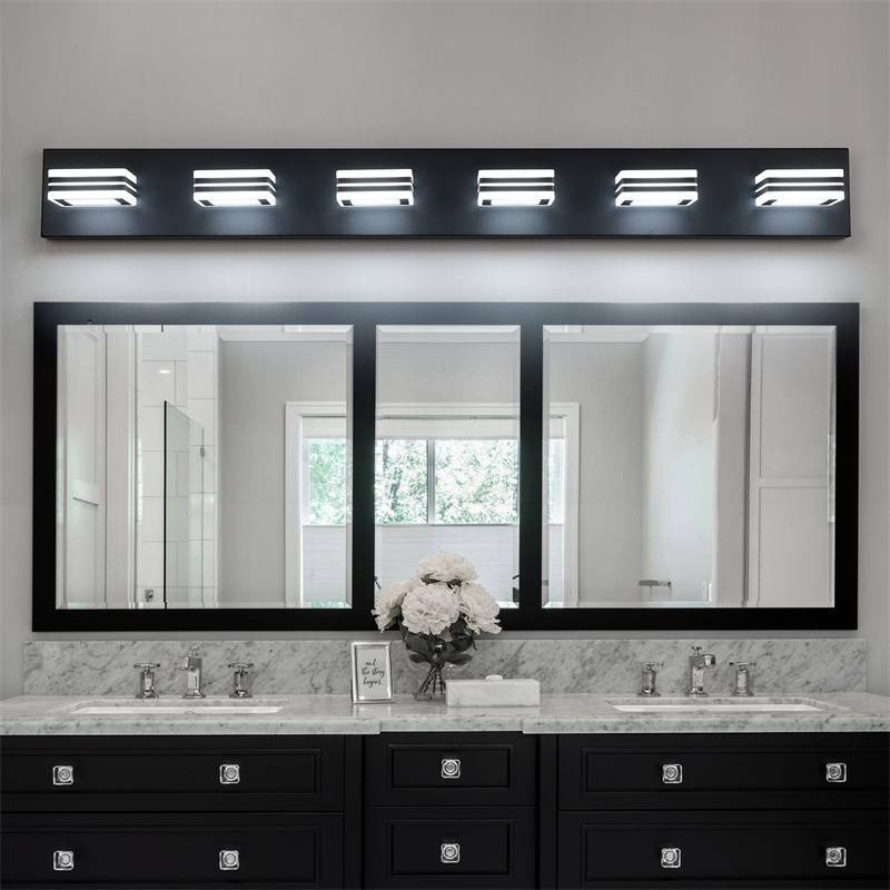 LED 现代黑色梳妆台灯，6 盏亚克力哑光镜面  LED Modern Black Vanity Lights, 6-Light Acrylic Matte Over Mirror