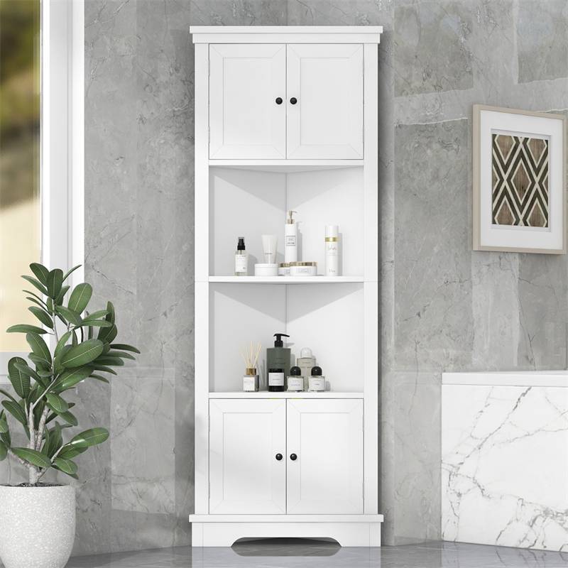 高浴室储物柜，带门的角落，可调节搁板，白色 Tall Bathroom Storage Cabinet, Corner with Doors, Adjustable Shelf, White
