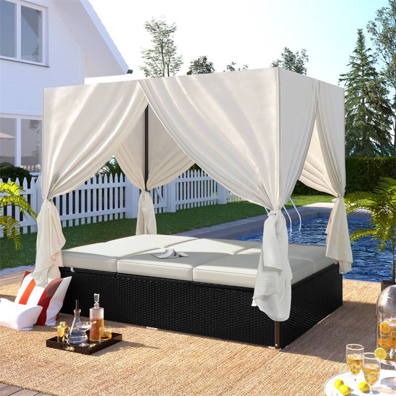 U_STYLE 户外露台柳条日光浴床沙发床带靠垫、可调节座椅    U_STYLE Outdoor Patio Wicker Sunbed Daybed with Cushions, Adjustable Seats