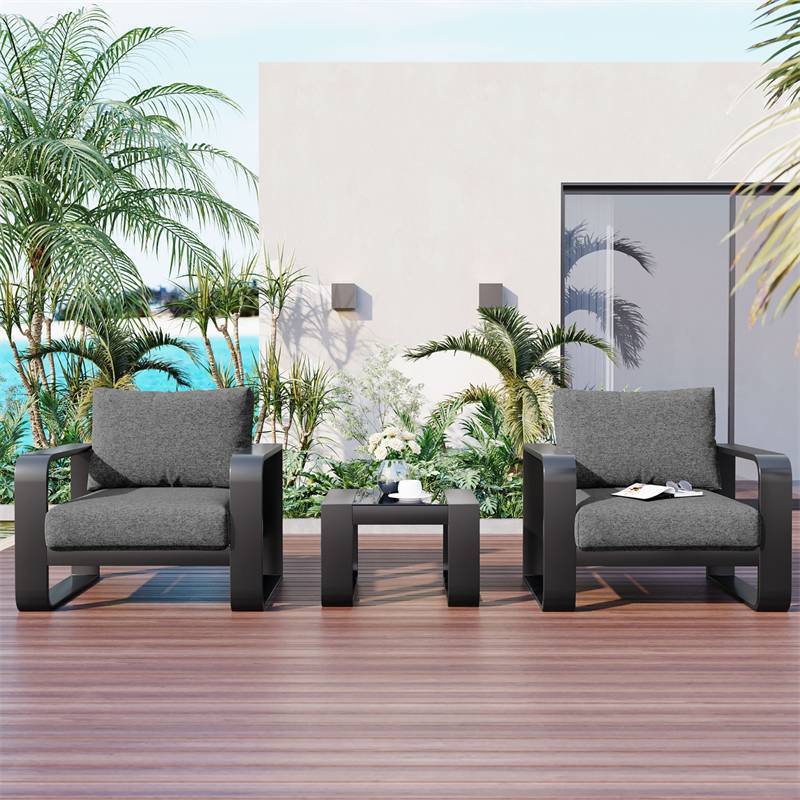 GO 3 件套铝制框架庭院家具，配有 6.7 英寸厚的垫子和咖啡桌，适合所有天气使用     GO 3-pieces Aluminum Frame Patio Furniture With 6.7