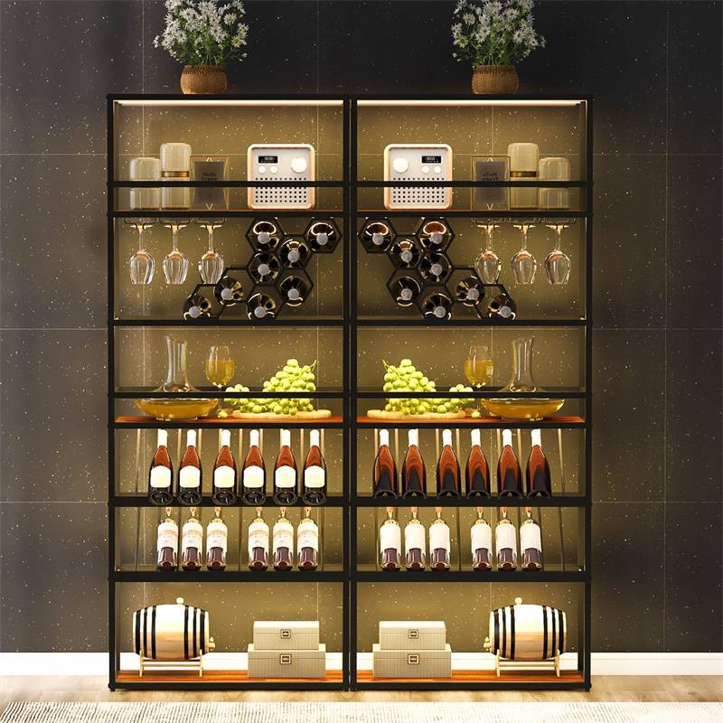 LED 高吧台酒柜，黑色现代立式蜂窝酒架，带玻璃架    LED Tall Bar Cabinet Wine Rack, Black Contemporary Standing Honeycomb Wine Rack with Glass Rack 