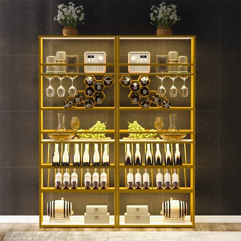 LED 高吧台酒柜酒架，金色现代立式蜂窝酒架带玻璃架      LED Tall Bar Cabinet Wine Rack, Gold Contemporary Standing Honeycomb Wine Rack with Glass Rack 