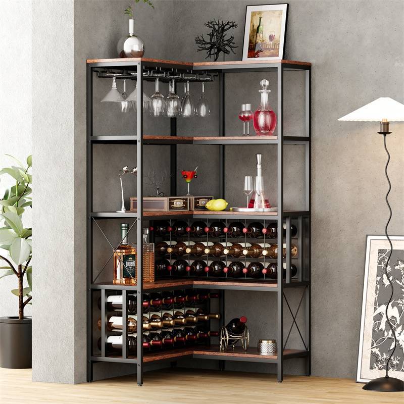 转角酒架酒吧柜工业独立式落地酒吧柜，用于存放酒和玻璃杯    Corner Wine Rack Bar Cabinet Industrial Freestanding Floor Bar Cabinets for Liquor and Glasses Stora 