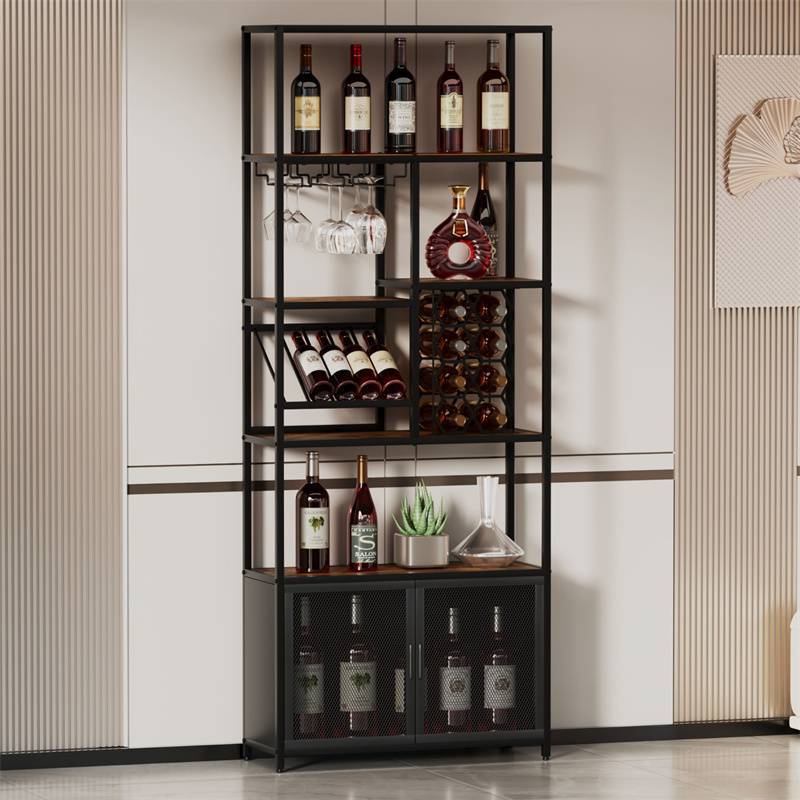 82.7 英寸工业立式酒架，带玻璃架，高独立式落地酒吧柜    82.7" Industrial Standing Wine Rack with Glass Rack Tall Freestanding Floor Bar Cabinet 