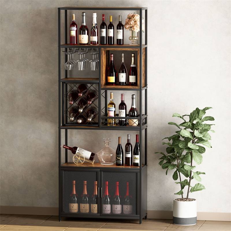 82.7 英寸工业风高黑色酒吧酒架柜带玻璃支架木质家用酒吧柜    82.7" Industrial Tall Black Bar Wine Rack Cabinet with Glass Holder Wood Home Bar Cabinet